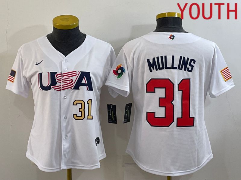 Youth 2023 World Cub USA #31 Mullins White MLB Jersey5